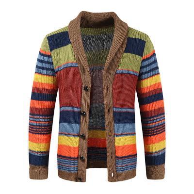 China Mensen Regenboog trui jas Herfst en Winter Lapel Kleur Gebreide Cardigan Top Performance Te koop