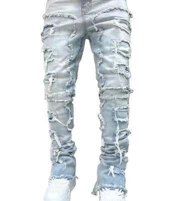 China Street Style Men's Boot Cut Light Blue Damaged Tassel Applique Jeans Spandex/Cotton for sale