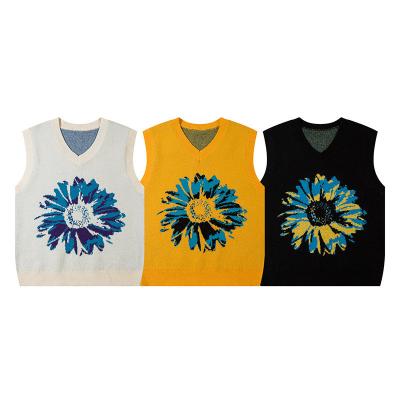 China Men's Sunflower Custom V-neck Pullovers Sweater Knitted Vest Sleeveless Jacquard Jumpers for sale