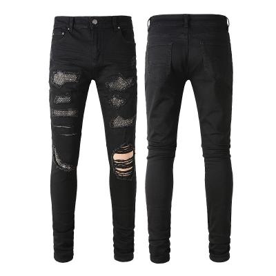 China Double-Layer Waistband Fold Design Black Rhinestone Stacked Skinny Denim Jeans for Men for sale