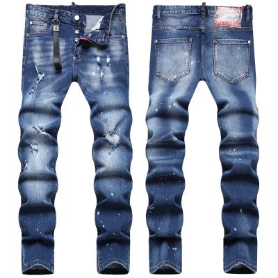 China Men's Worn Craft Slim Fit Mid Waist Baggy Jeans with Digital Printing Hanging Stickers for sale