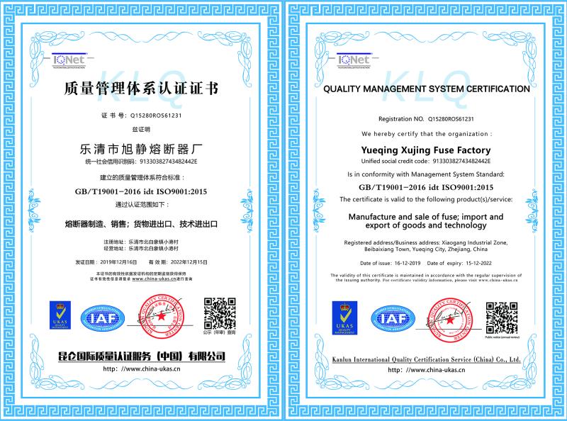 ISO9001 - Yueqing Xujing Fuse Factory