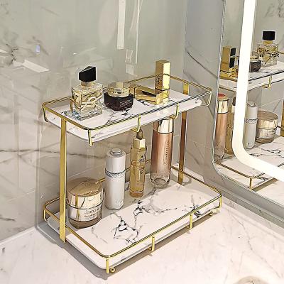 China Modern Hotel Rose Gold Metal Base Ceramic Bathroom Accessories Whit Marble Effect for sale