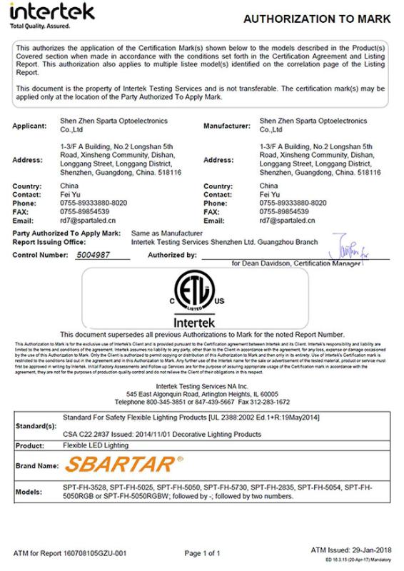 ETL - Shenzhen Sparta Optoelectronics Co., Ltd.