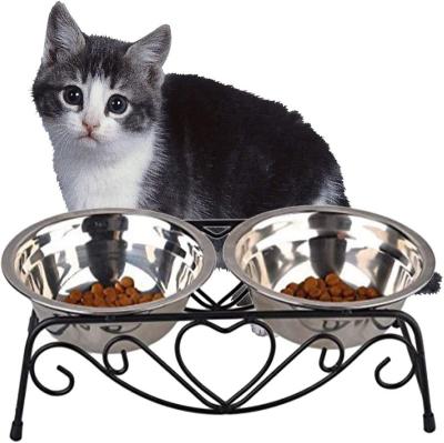 China Raised Stainless Steel Pet Bowl With Double Dog Cat Food And Water Feeder Dish Iron Retro Raised Rack for sale