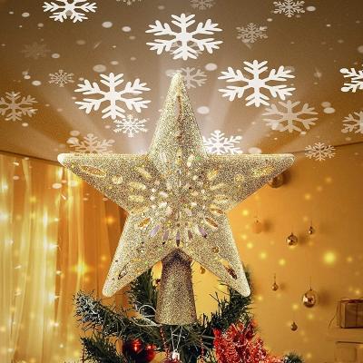 China Plstic Christmas Star Tree Topper with Built-in Led Snowflake Projector Lights 10 Inch Hollow Out Star Pentagon Tree Topper, Plug In Christmas for sale