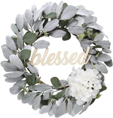 China Front Door Wreaths Artificial Greenery Silk Home Flocked Lambs Ear Wreath Decor with Blessed Letter for Home Wall Porch Spring for sale