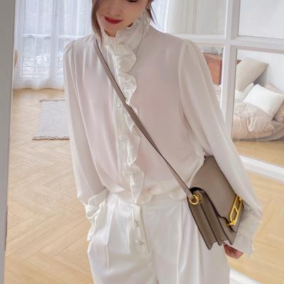 China Anti-wrinkle [6249] Korean version of the retro long stand collar chiffon shirt sheath shirt professional women for sale