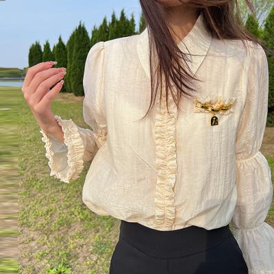 China Anti-wrinkle [6255] Spring Sleeve Cardigan Soft Beige Lapel Solid Color Slim Shirt for sale