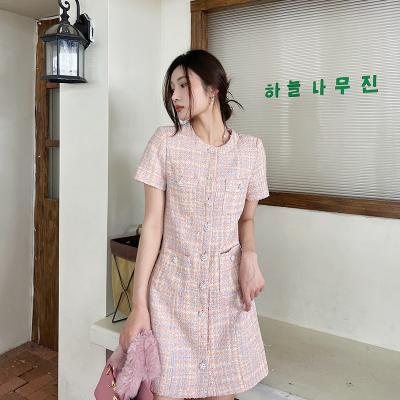 China [ODM of 6226 OEM] new breathable Korean version of the waist temperament design tweed short-sleeved dress for sale