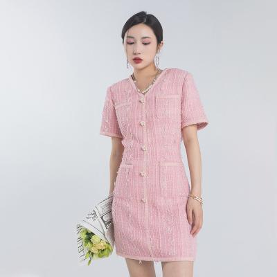 China New Arrival White Lapel Breathable Elegant Mini Classy Tweed Dress Women Long Pungent Sleeve Wrap Tweed [6227] Slim Women Dress for sale