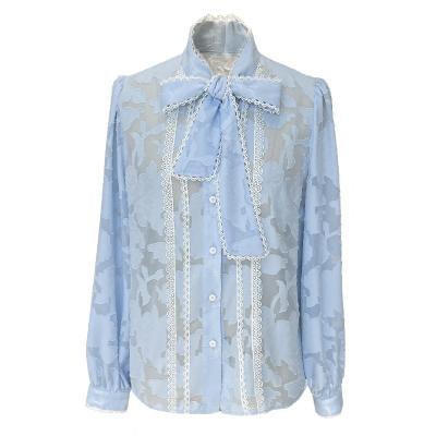 China Anti-Wrinkle [6212 OEM ODM] Women Lace Up Blouse Long Sleeve Summer Ladies Stand Up Bow Tie Blouse Woman Full Femme Chic for sale