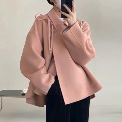 China 2021 new winter coat pink women's Anti-wrinkle cashmere woolen coat small high-end short double-sided tie cape for sale