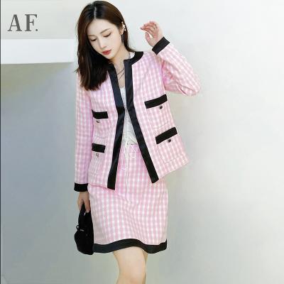 China Latest Anfeiouna INS Breathable European American Women Sleeve Long Four Pockets Plaid Jacket Skirt Women Casual Loose Pink Sets Plus Size for sale