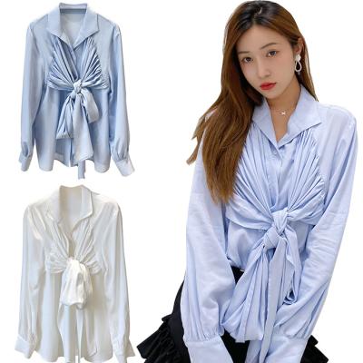 China Anfeiouna Breathable Hot Sales Women Blouses White Sexy Pleated Shirt Blouses for sale