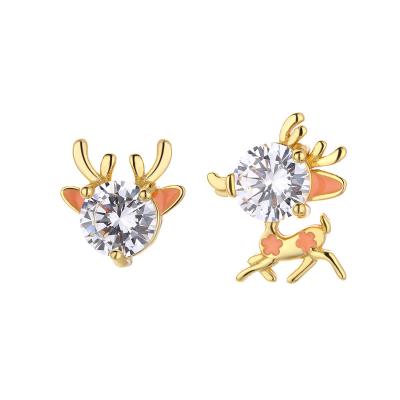 China CLASSIC Xmas Cute Animal Asymmetrical Deer Zircon Stud Earrings 925 Silver Women Ear Studs Jewelry Christmas for sale