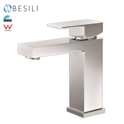 China Single Hole Metered Faucets Watermark Bathroom Faucet Basin Mixer Square Brushed Nickel Bathroom Basin Faucet for sale