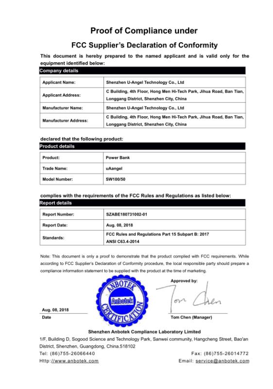 FCC - Shenzhen U-Angel Technology Co., Ltd.