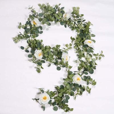 China High quality Silk+plastic artificial green 3D eucalyptus vines vine wreath with tea flowers for sale