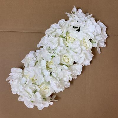 China Cloth+plastic ivory white rose and hydrangeas flower garland panel for wedding table runner decorations for sale