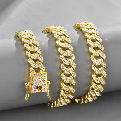 China New Hip Hop 12mm Nice Rhinestone Necklace For Men Luxury Cuban Chain Bracelet Set Hitter Link Silver Gold Chokers Men Jewelry for sale