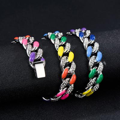 China Colorful Fashion Miami Pig Nose Enamel Rhinestone Cuban Choker Hip Hop Necklace Chain Link For Men Luxury Crystal Bracelet Jewelry for sale