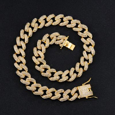 China Fashion 39MM Iced Out CZ Cuban Link Chains Hip Hop Jewelry Gold Rhinestone Silver Necklace For Men Miami Hitter Bracelet Jewelry Set for sale