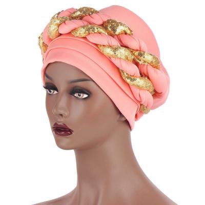 China DecorateÂ   2021 New Muslim Space Layer Hat Fashion Exaggerated Two Color Twist Sequin Headscarf for sale