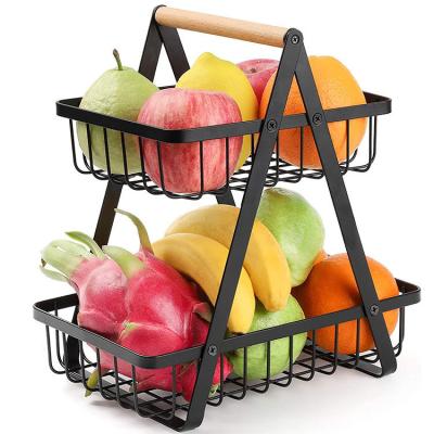 China New Design Metal Iron Worktop Fruit Countertop Basket Storage Two Tier Stand Viable In Black for sale