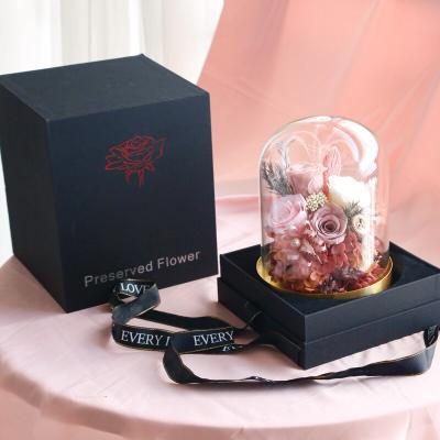 China Celebration Reasonable Price Preserved Glass Dome Rose Preserved Gift Box Roses With Gold Base for sale