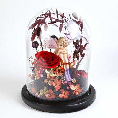 China Wholesale Celebration Valentine's Day Preserved Rose Flower Doll in Glass Dome for Gifts for sale