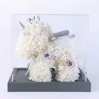 China Hot Selling Celebration Valentines Day Gifts Preserved Acrylic Cool Rose Flowers Unicorn Bouqout for sale