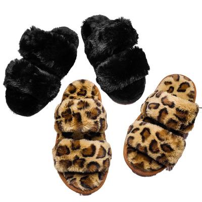 China 2021 Luxury Warm Cross Strap Leopard Zippers Ladies Winter Ladies Faux Fox Fur Fluffy Fur Women's Breathable Slippers Plus Print With Faux Fur for sale