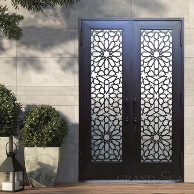 China Modern American style grain fiberglass exterior door luxury wooden double entry wooden doors for home black double door for sale