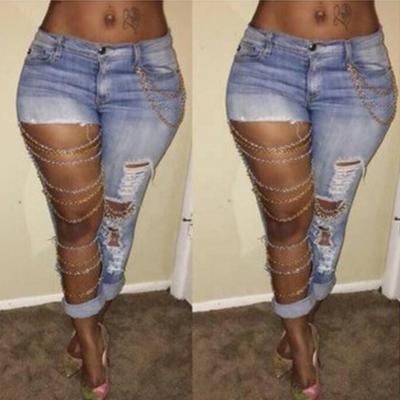 China Viable Wholesale Custom High Waist Ripped Jeans Womens Jeans Pants Stretch Jeans With Gold Chain for sale