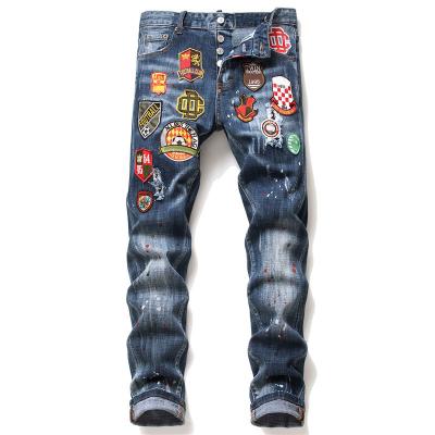 China 2022 viable best quality custom tapered slim skinny elastic mens hole jeans badge pants for men denim for sale