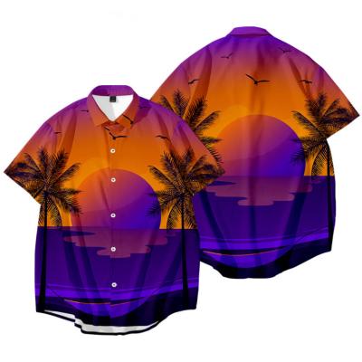 China Custom Anti Shrink Shirt Mens 3d Coconut Tree Sunset Cool Graphic Pattern Shirt Short Sleeve Shirts For Men for sale