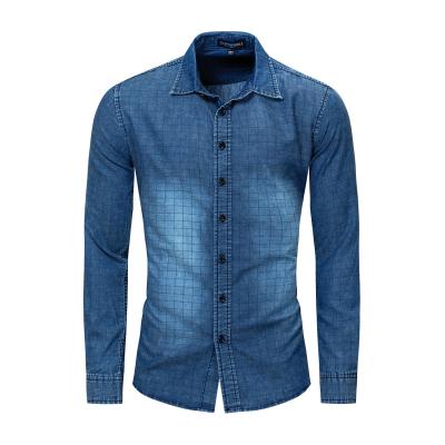 China Factory Supply Breathable Custom Plaid Checks Casual Monkey Washed Long Sleeve Denim Men Shirts Fashion Jeans for sale