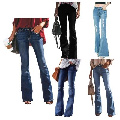 China 2022 Women's Breathable Jeans Stretchy Bootcut Fitted Clothes Gently Ripped Tall Denim Bell Bottom Pants High Waist Distressed Women Flare Jeans for sale