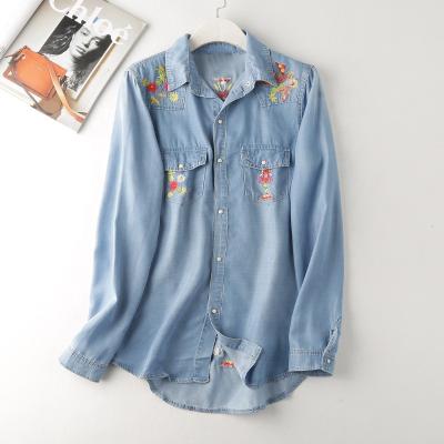 China Breathable High Quality Girls Full Sleeve Denim Ladies Casual Shirts Vintage Embroidery Womens Clothing Blouses Long Sleeve Top Shirt for sale