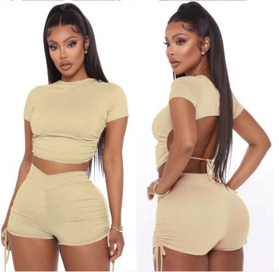 China Breathable Drawstring Backless Short Sleeve Crop Top Summer Biker Shorts 2 Piece Women Short Set Biker Shorts Set for sale