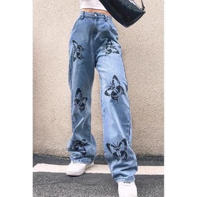 China Fashion Viable Denim Butterfly Pringting Women Straight Jeans Girl Pants for sale