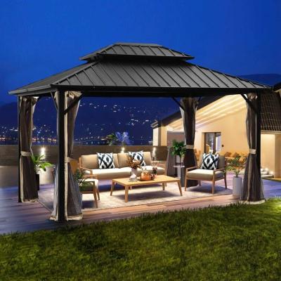 China Easily Assembled 10*12ft Aluminum Roof Doubles Gazebo Outdoor Steel Hard Top Canopy Curtains With Netting For Garden for sale