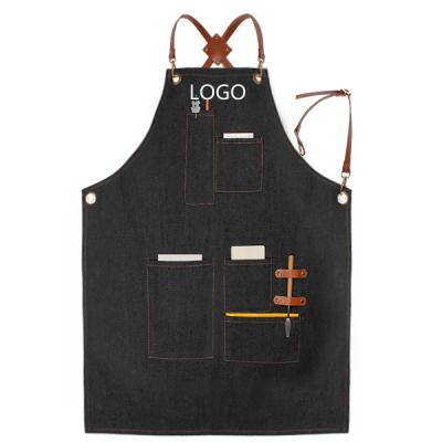 China Cafe Restaurant Work Strap Denim Convenient Apron Custom Logo Tool BBQ Apron for sale