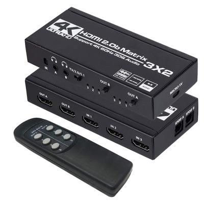 China Aluminum Alloy HDMI Matrix Switch 3 In 2 Out Switcher Splitter Box With IR 4KHDMI Matrix Remote Control 3x2 Switcher for sale