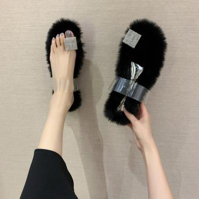 China Lightweight Women Fur Home Slides Warm Cross Soft Plush Rabbit Fur Slippers Hairy Women for sale