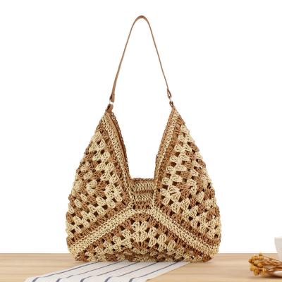 China Women's Eco-friendly Handwoven Beach Bag with Hollow Out Flower Design and PU Leather Strap for sale