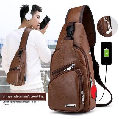 China Customized Size Newest Fashinable Mens PU Leather Chest Bags with USB Charging Port for sale