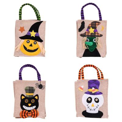 China Open Closure Reusable Halloween Pumpkin Witch Skeleton Linen Bag for Candy Collection for sale