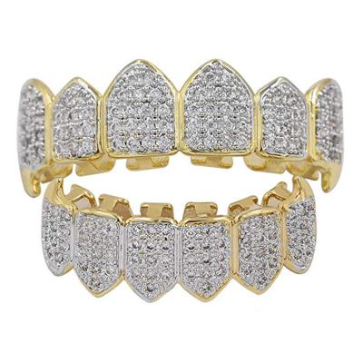 China Factory Environmental Friendly Wholesale Custom Gold Plated Diamond Teeth Grillz For Bottom Of Mouth Hip Hop Upper Teeth Grillz for sale